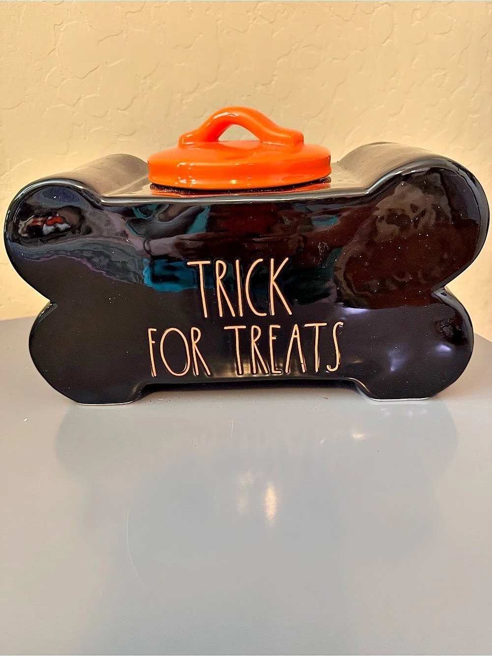 Rae Dunn HalloweenTrick For Treats Dog Bone Canister Black & Orange